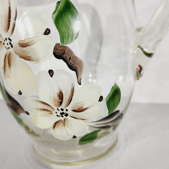 Vtg Art Glass Pitcher Hand Painted Floral Flowers White Brown MCM 9in - Picture 7 of 12